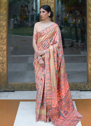 Enchanting Kashmiri Modal Handloom Weaving Work Orange Saree